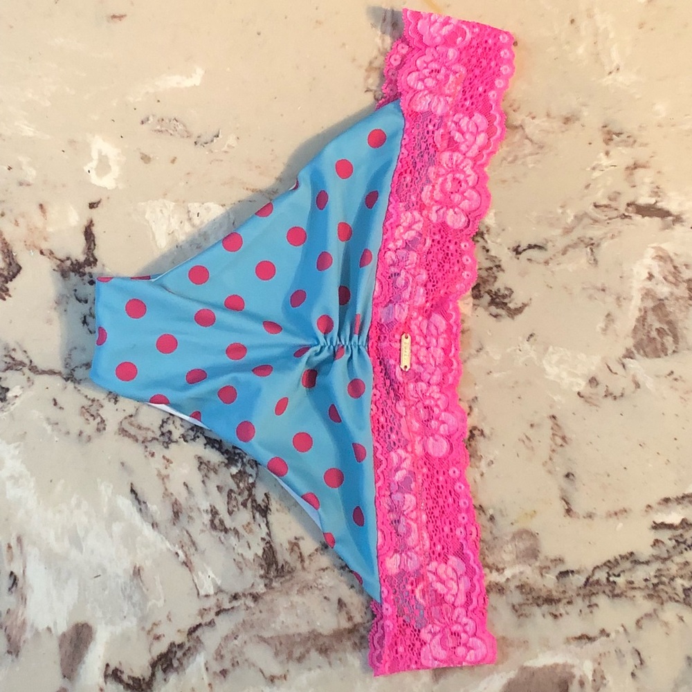 Beach Bunny Aqua Polka Dot Bikini with Hot Pink Lace Trim - Picture 7 of 8